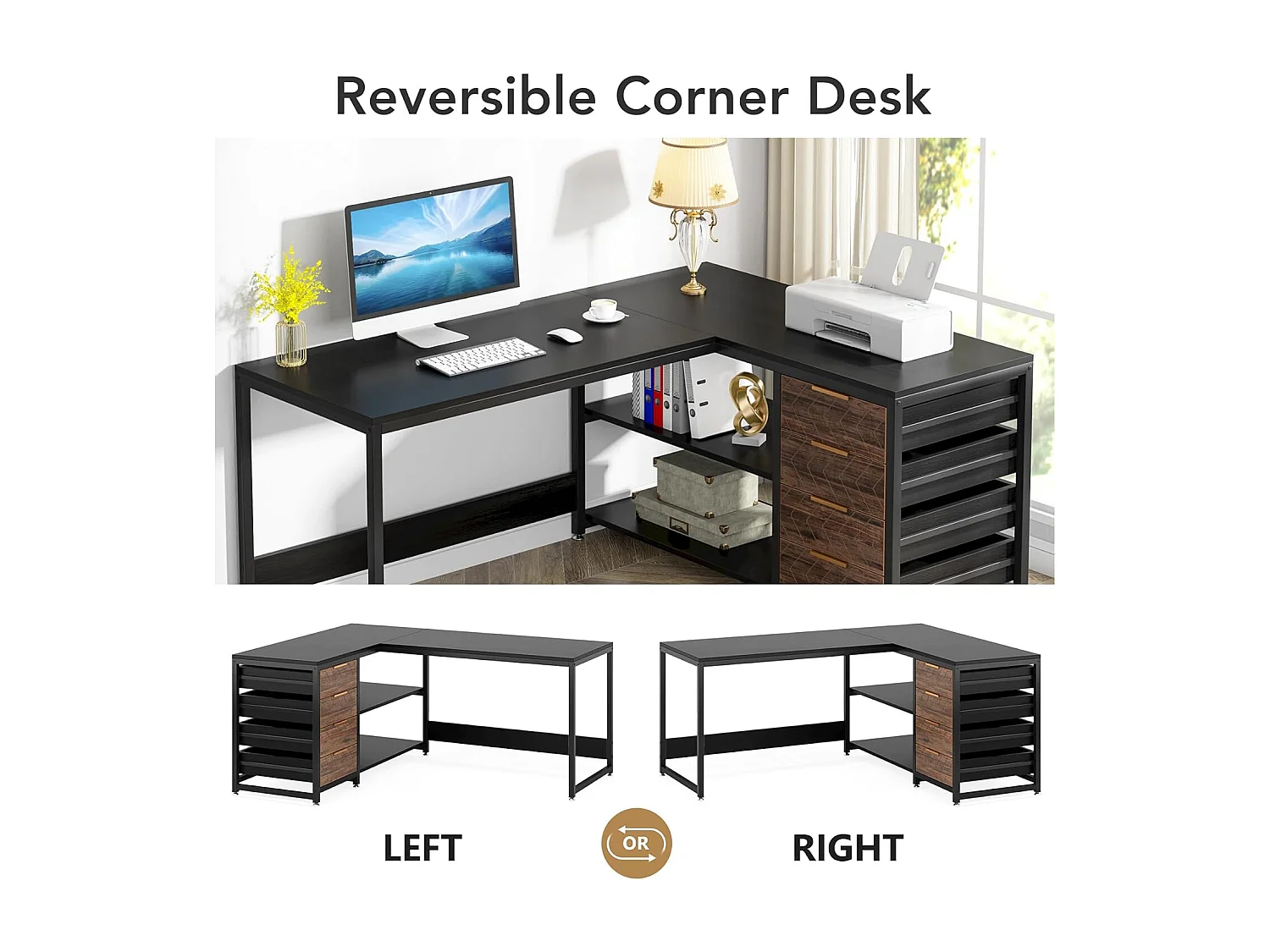 Bureau d'ordinateur en forme de L avec tiroirs de rangement, bureau réversible en forme de L