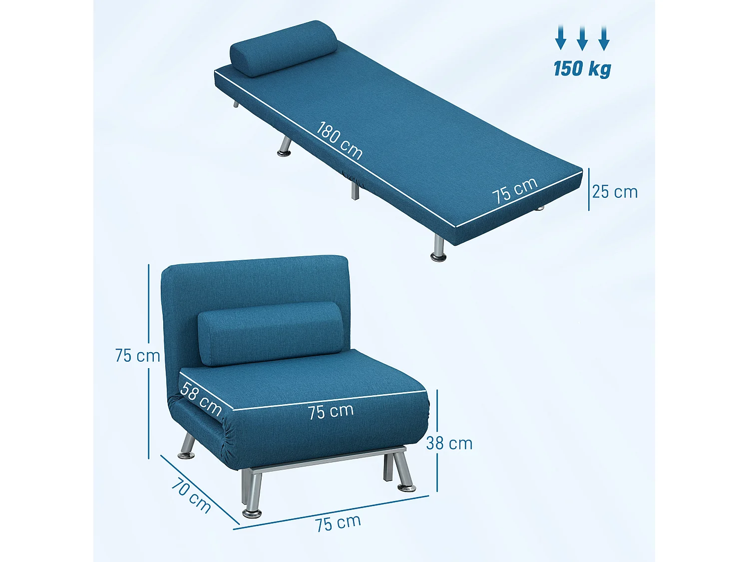 Fauteuil convertible 3 en 1 chauffeuse lit avec coussin bleu canard