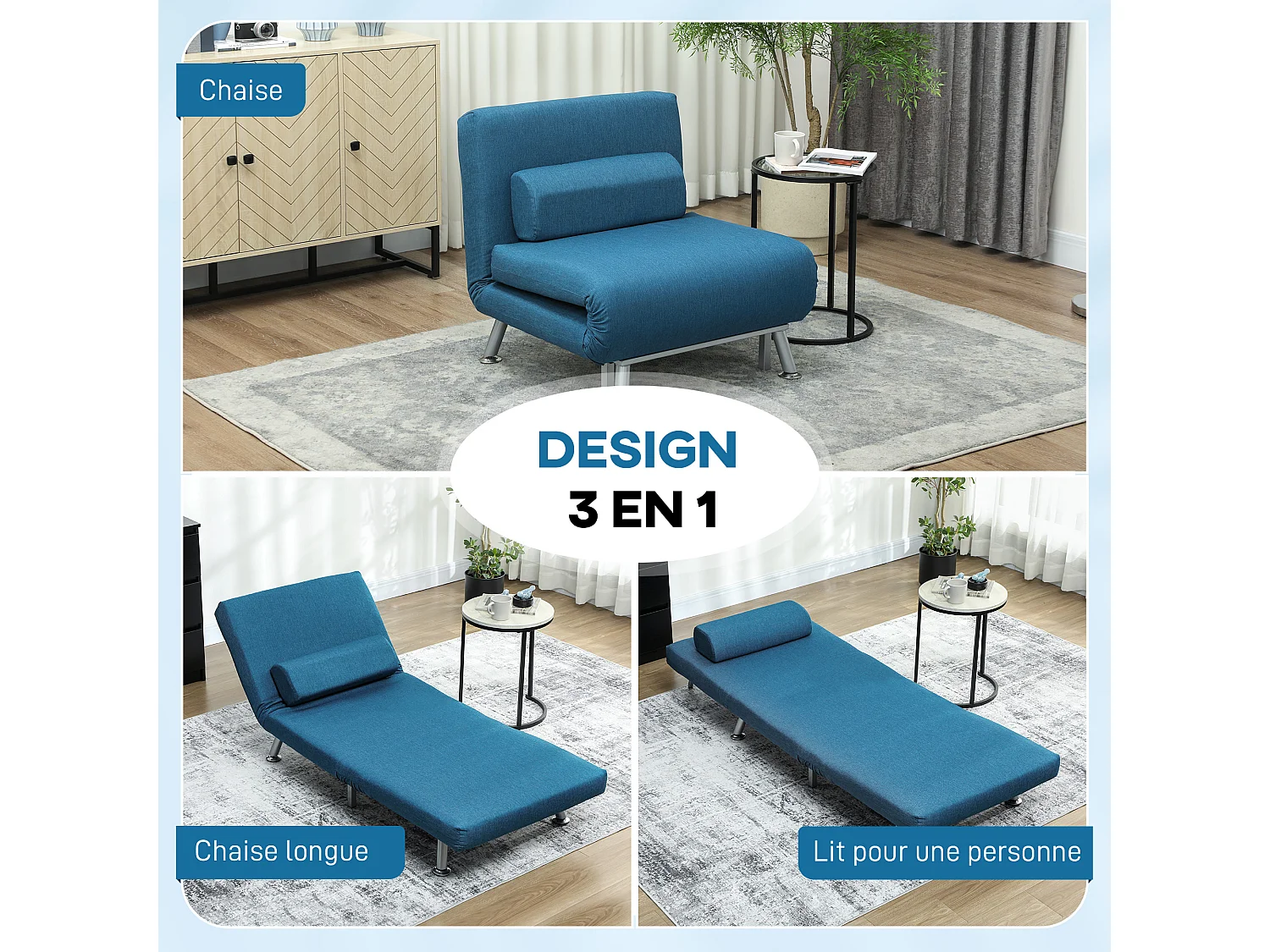 Fauteuil convertible 3 en 1 chauffeuse lit avec coussin bleu canard