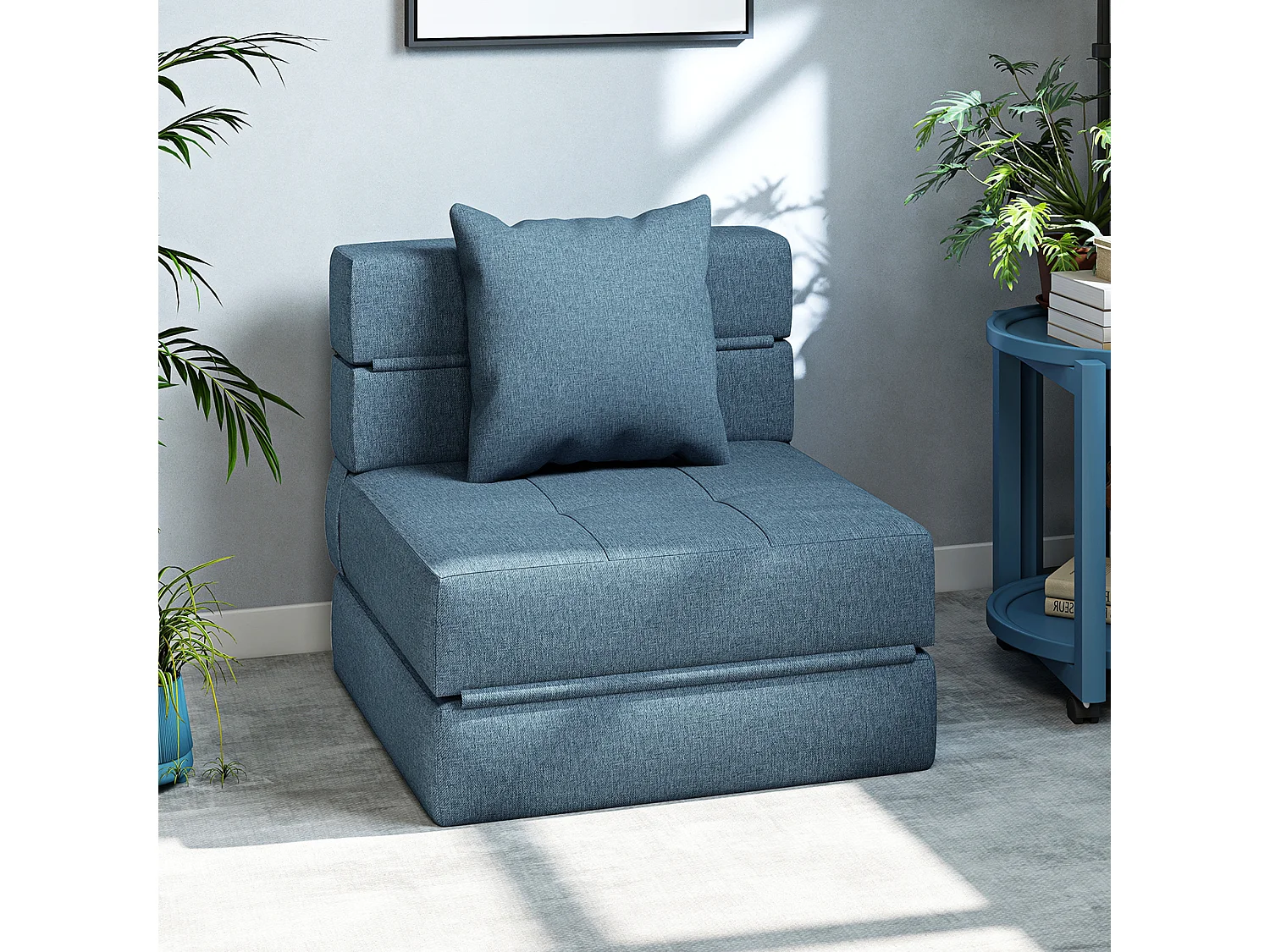 Chauffeuse canapé-lit convertible 1 place - coussin déhoussable inclus - tissu bleu