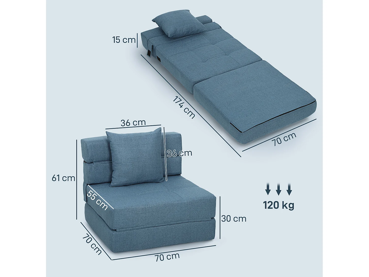 Chauffeuse canapé-lit convertible 1 place - coussin déhoussable inclus - tissu bleu