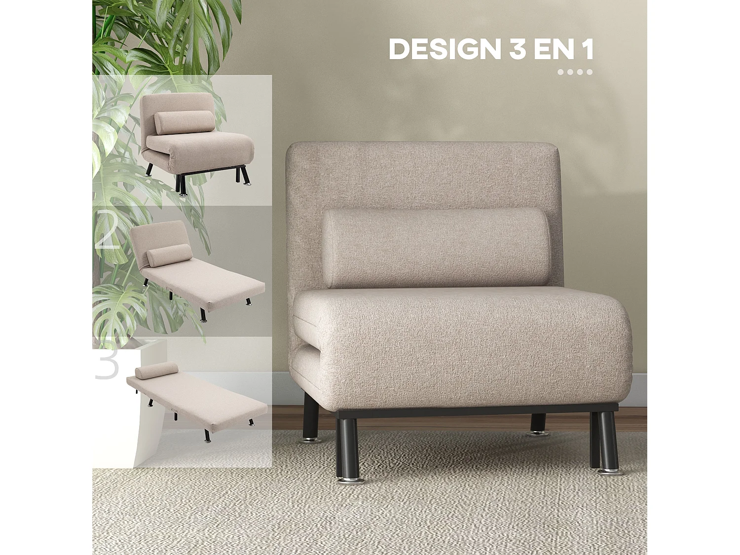 Fauteuil convertible 3 en 1 chauffeuse lit avec coussin beige