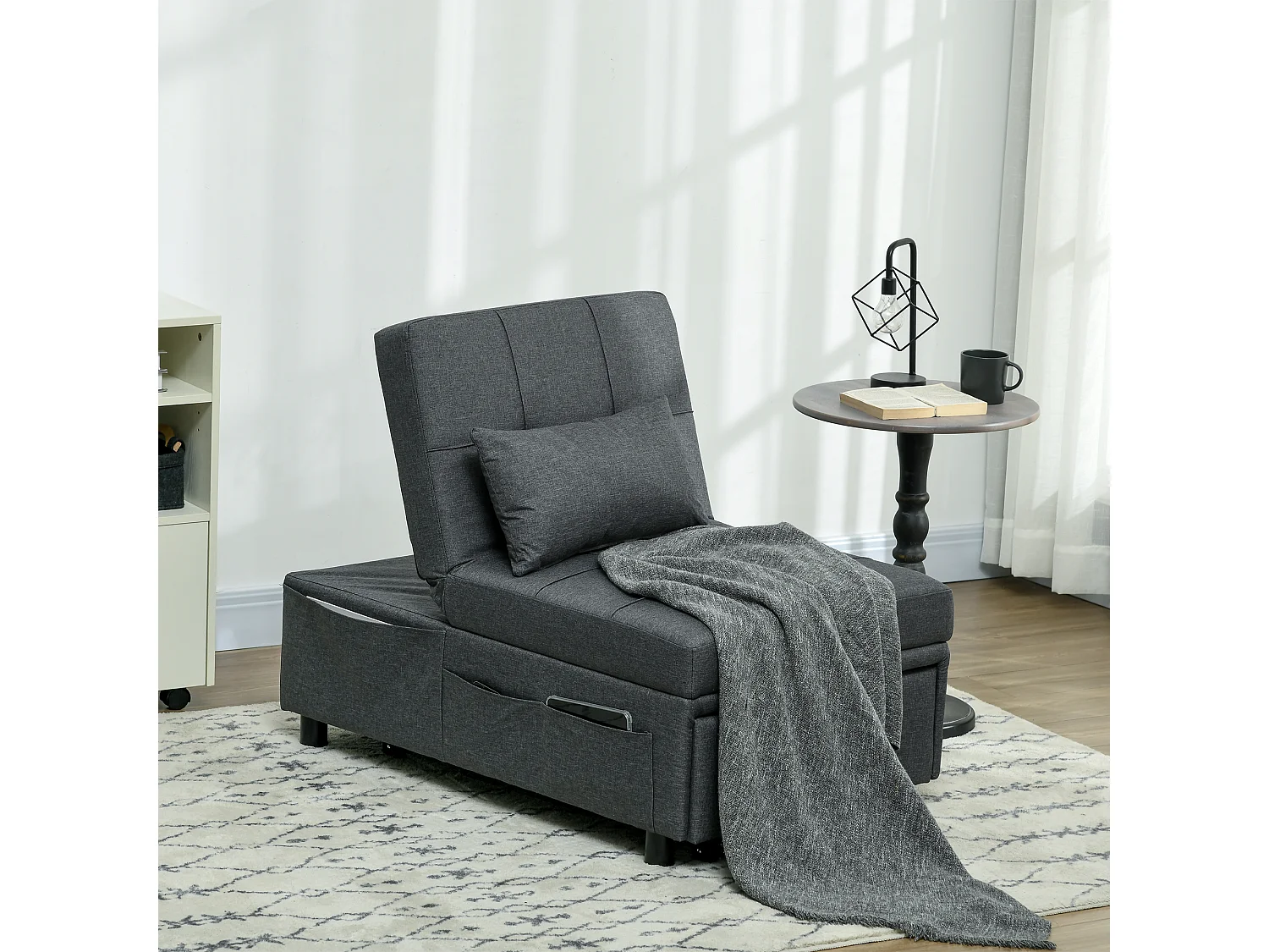 Chauffeuse fauteuil convertible inclinable réglable tissu effet capitonné gris