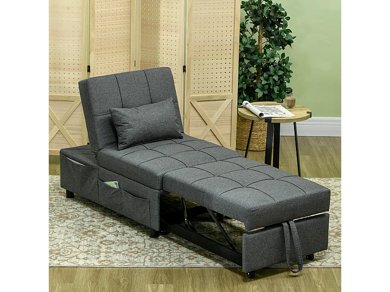 Chauffeuse fauteuil convertible inclinable réglable tissu effet capitonné gris
