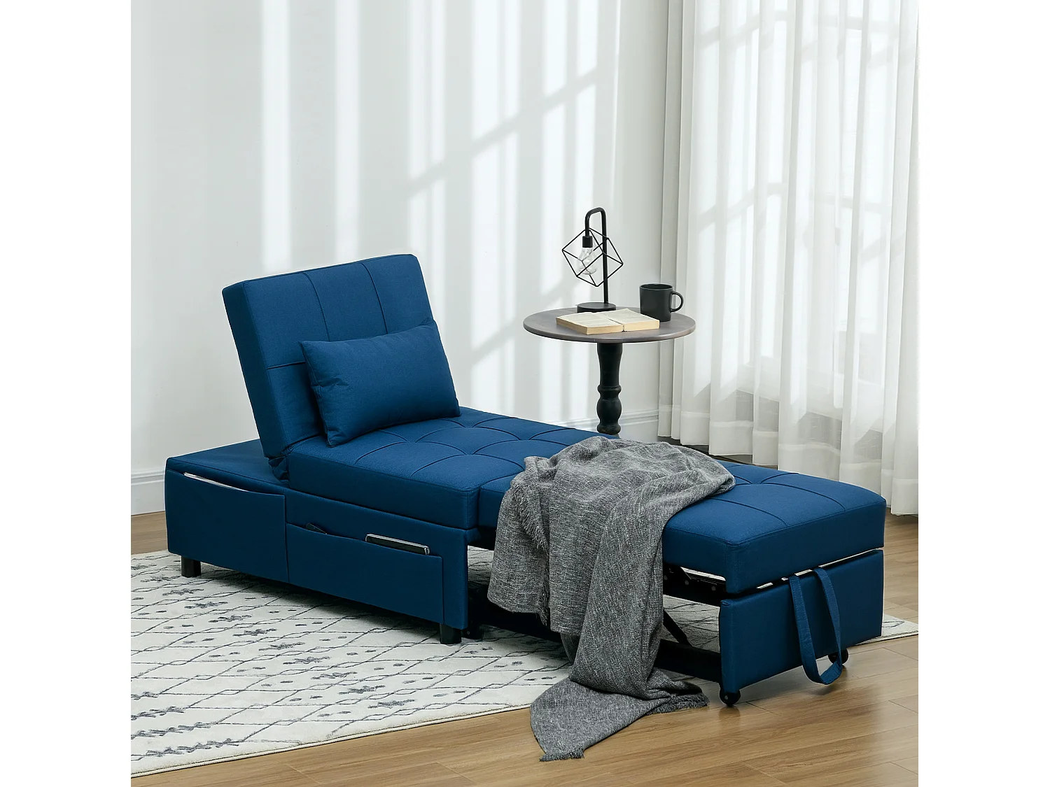 Chauffeuse fauteuil convertible inclinable réglable tissu effet capitonné bleu