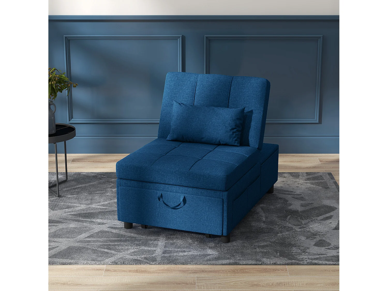 Chauffeuse fauteuil convertible inclinable réglable tissu effet capitonné bleu