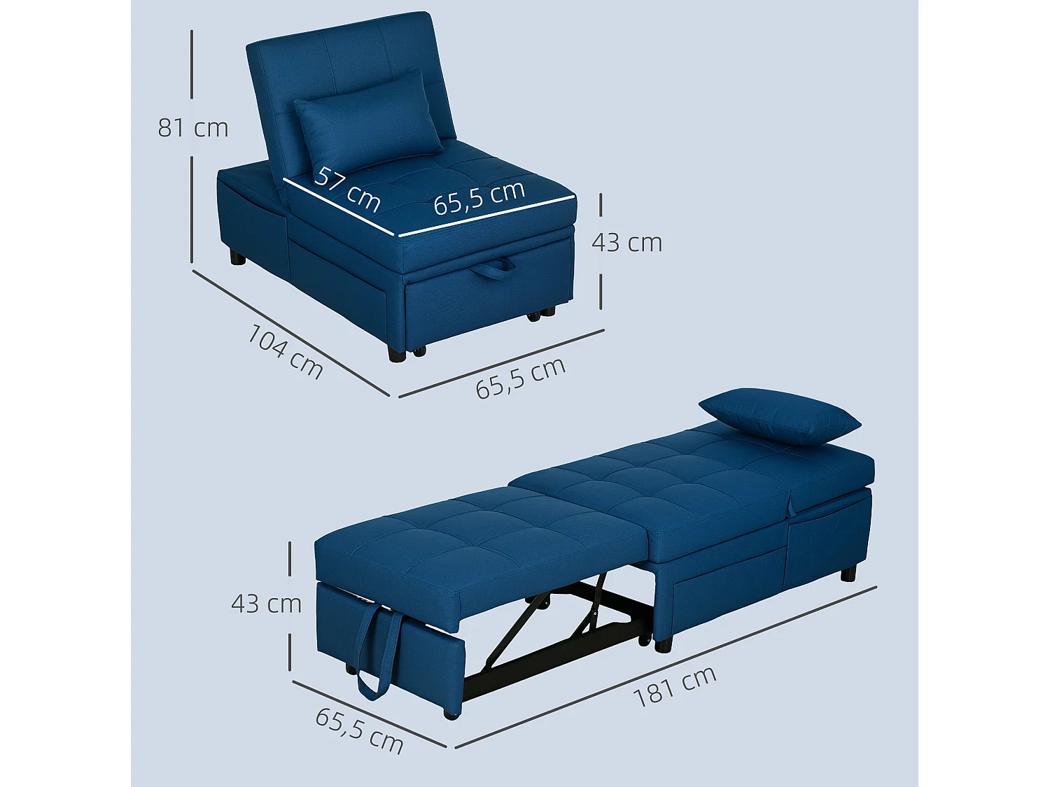 Chauffeuse fauteuil convertible inclinable réglable tissu effet capitonné bleu