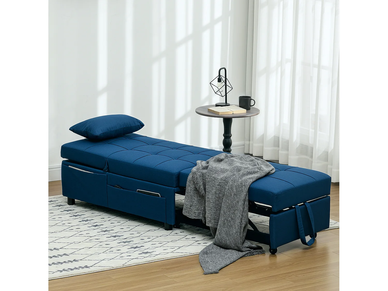 Chauffeuse fauteuil convertible inclinable réglable tissu effet capitonné bleu