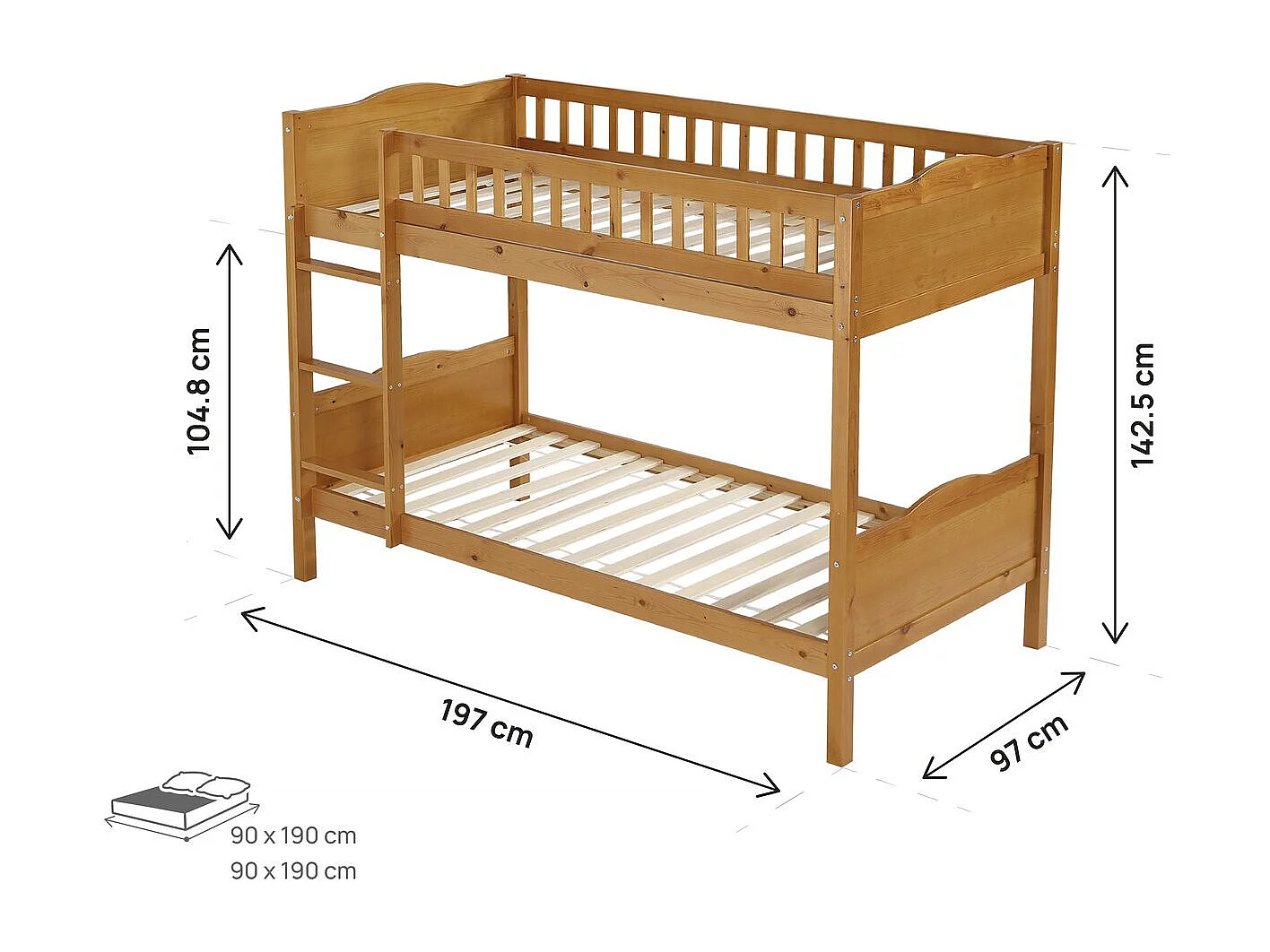 Lit superposé en bois "Gabriel" - 90 x 190 cm - Marron