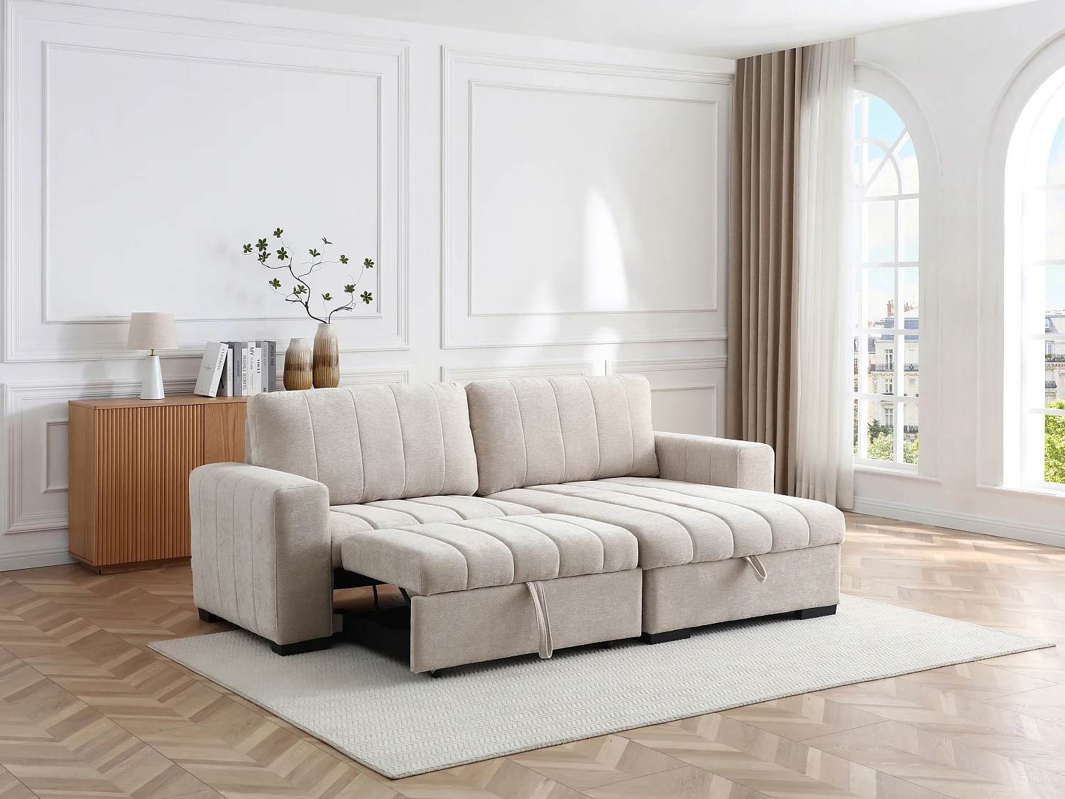 Canapé d'angle convertible et réversible en tissu texturé beige KONOTI