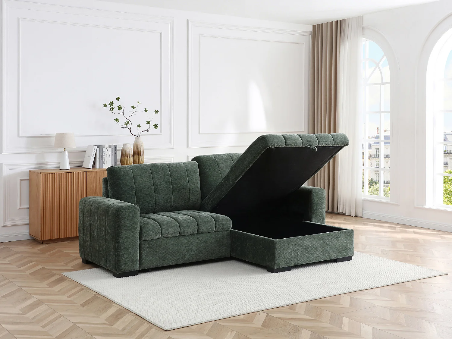 Canapé d'angle convertible et réversible en tissu texturé vert KONOTI