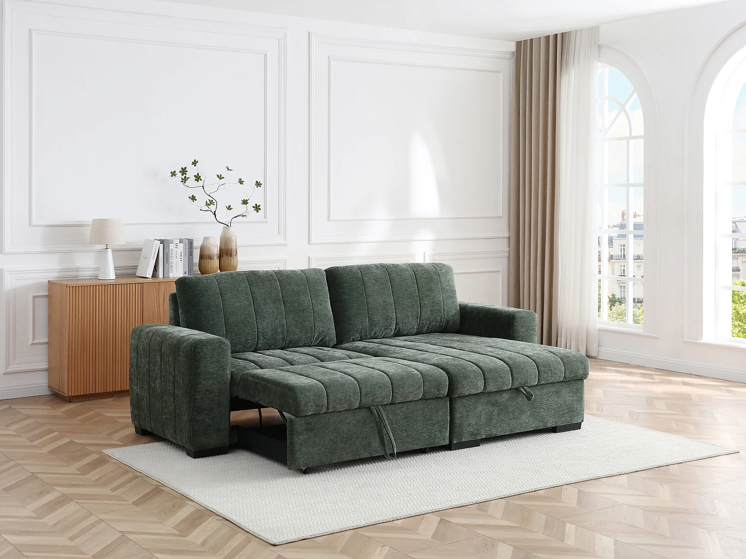 Canapé d'angle convertible et réversible en tissu texturé vert KONOTI