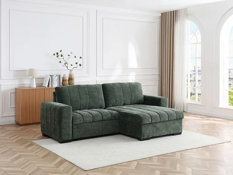 Canapé d'angle convertible et réversible en tissu texturé vert KONOTI