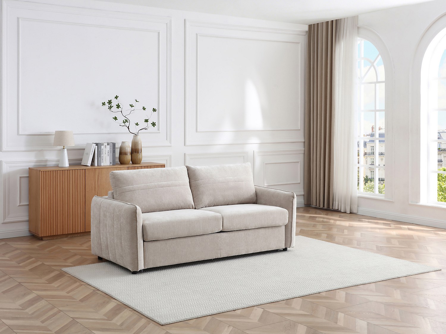 Vente-unique 3-Sitzer-Sofa, Schnellklappbett Aus Strukturiertem Stoff Beige - Schlafbreite 140 Cm Malogu