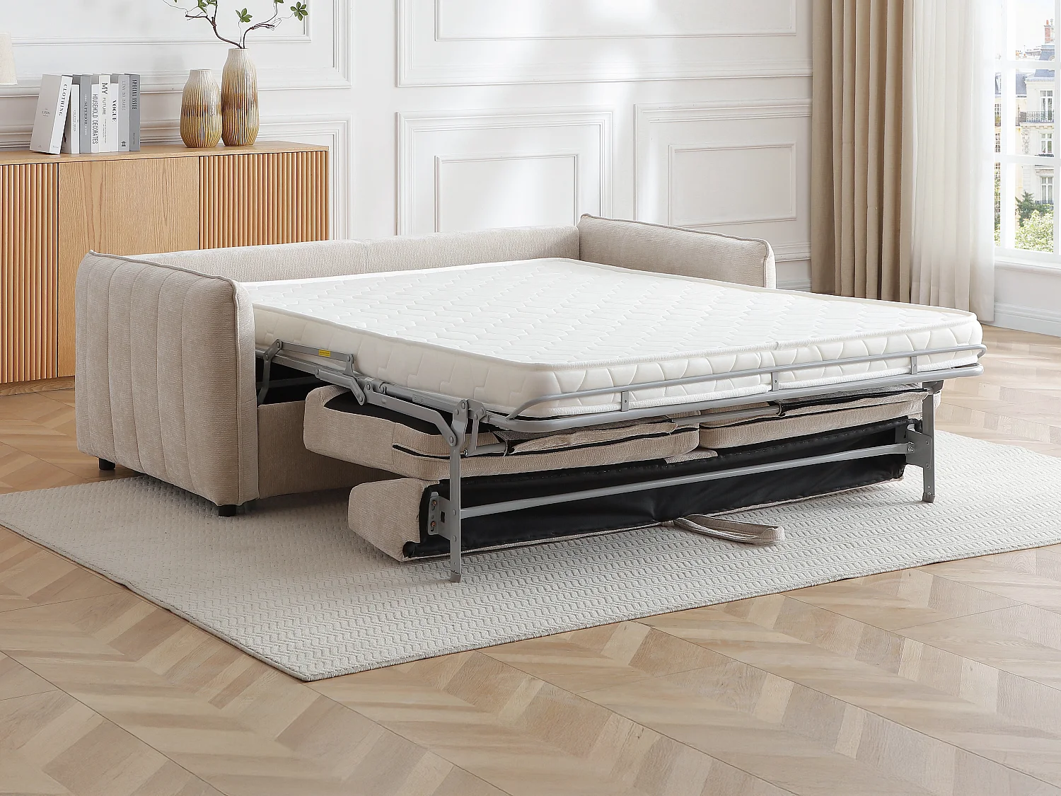 Canapé 3 places convertible express en tissu texturé beige - Couchage 145 cm MALOGU