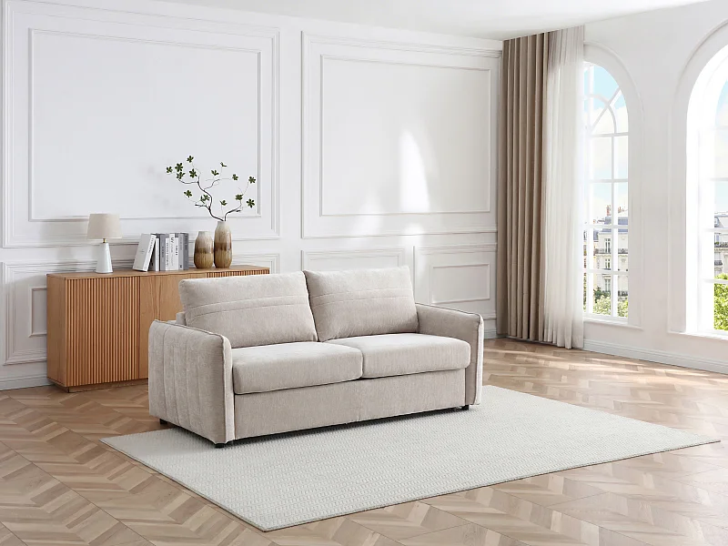 Canapé 3 places convertible express en tissu texturé beige - Couchage 145 cm MALOGU