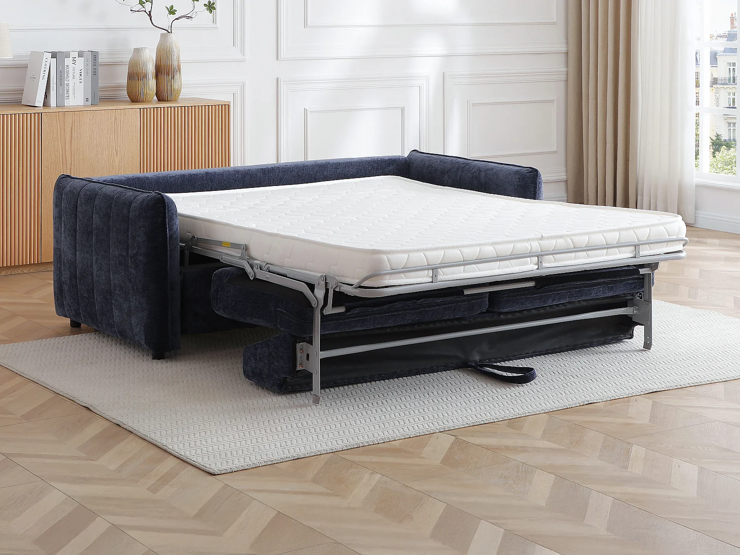 Canapé 3 places convertible express en tissu texturé bleu - Couchage 145 cm MALOGU