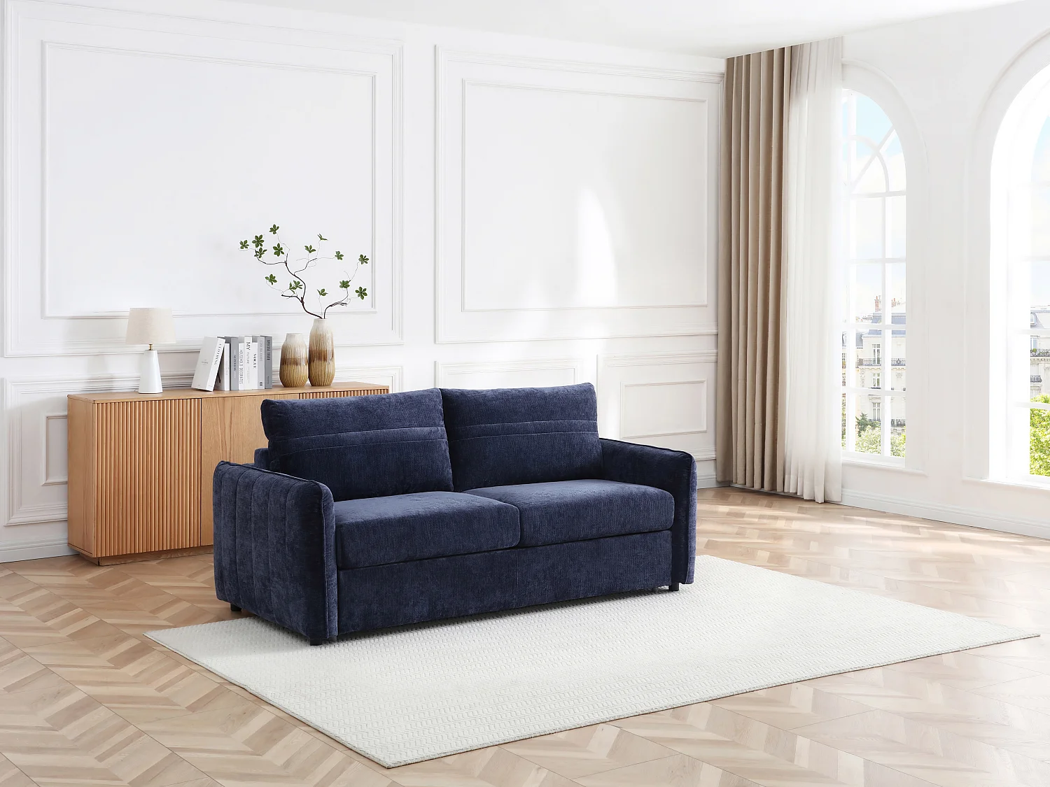 Canapé 3 places convertible express en tissu texturé bleu - Couchage 145 cm MALOGU