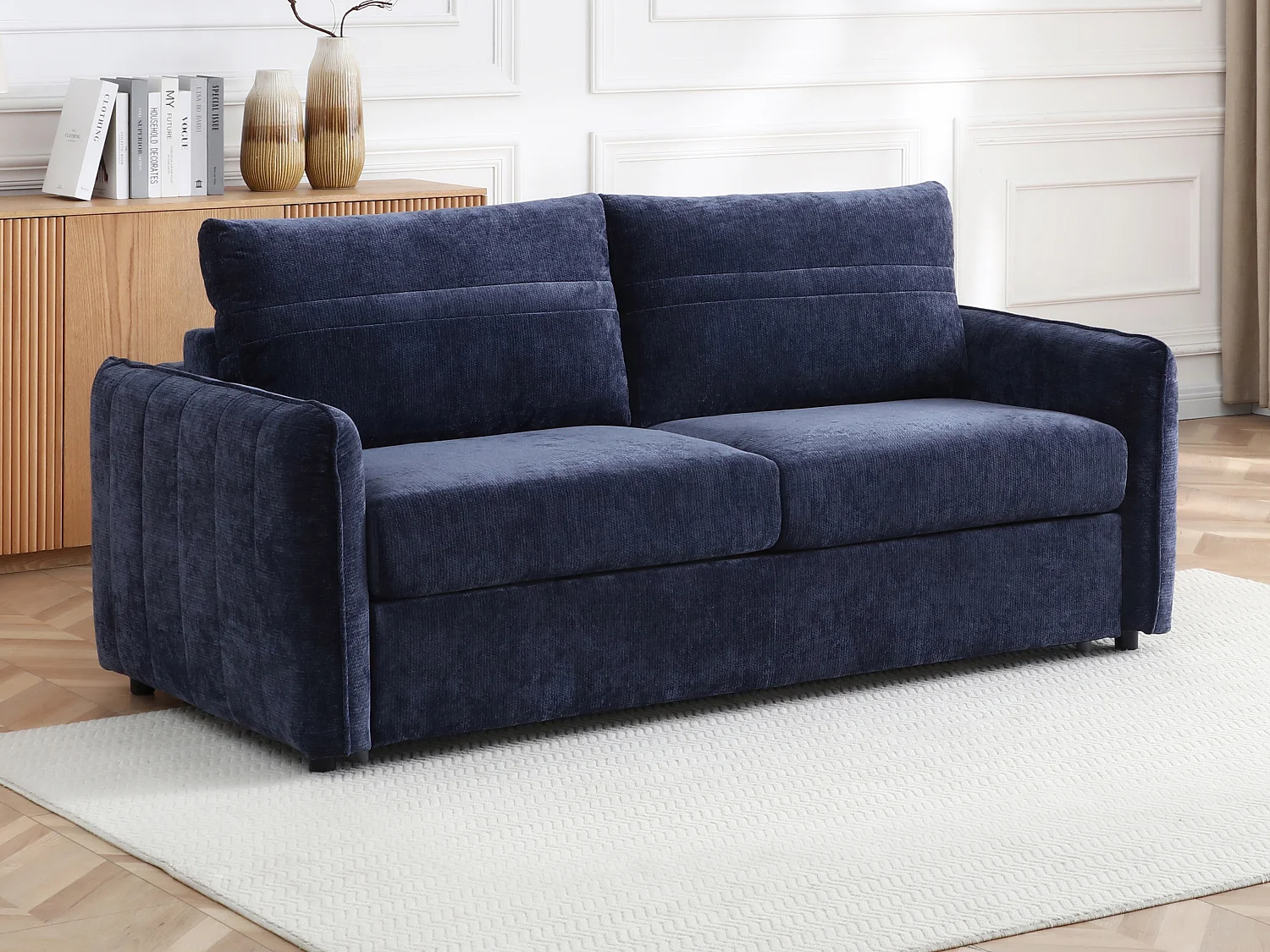 Canapé 3 places convertible express en tissu texturé bleu - Couchage 140 cm MALOGU