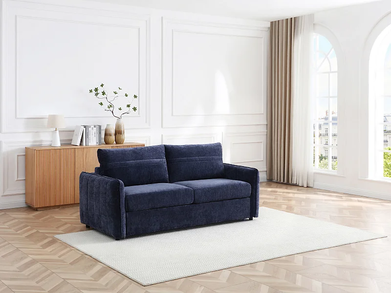 Canapé 3 places convertible express en tissu texturé bleu - Couchage 145 cm MALOGU