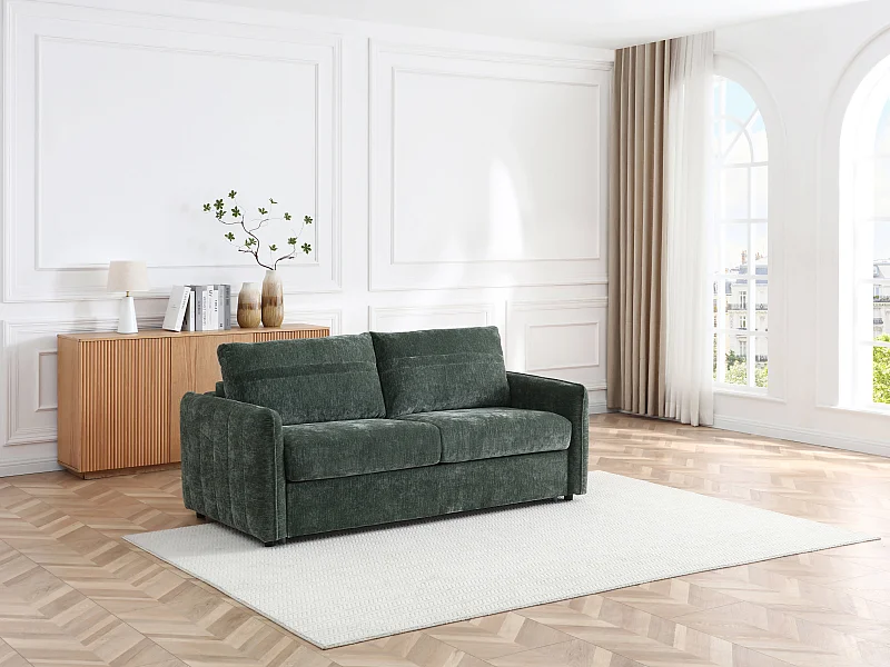 Canapé 3 places convertible express en tissu texturé vert - Couchage 145 cm MALOGU