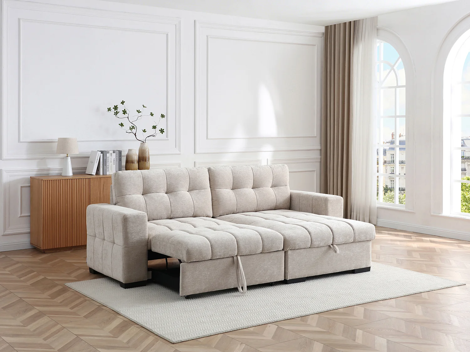 Canapé d'angle convertible et réversible en tissu texturé beige BRISAMA