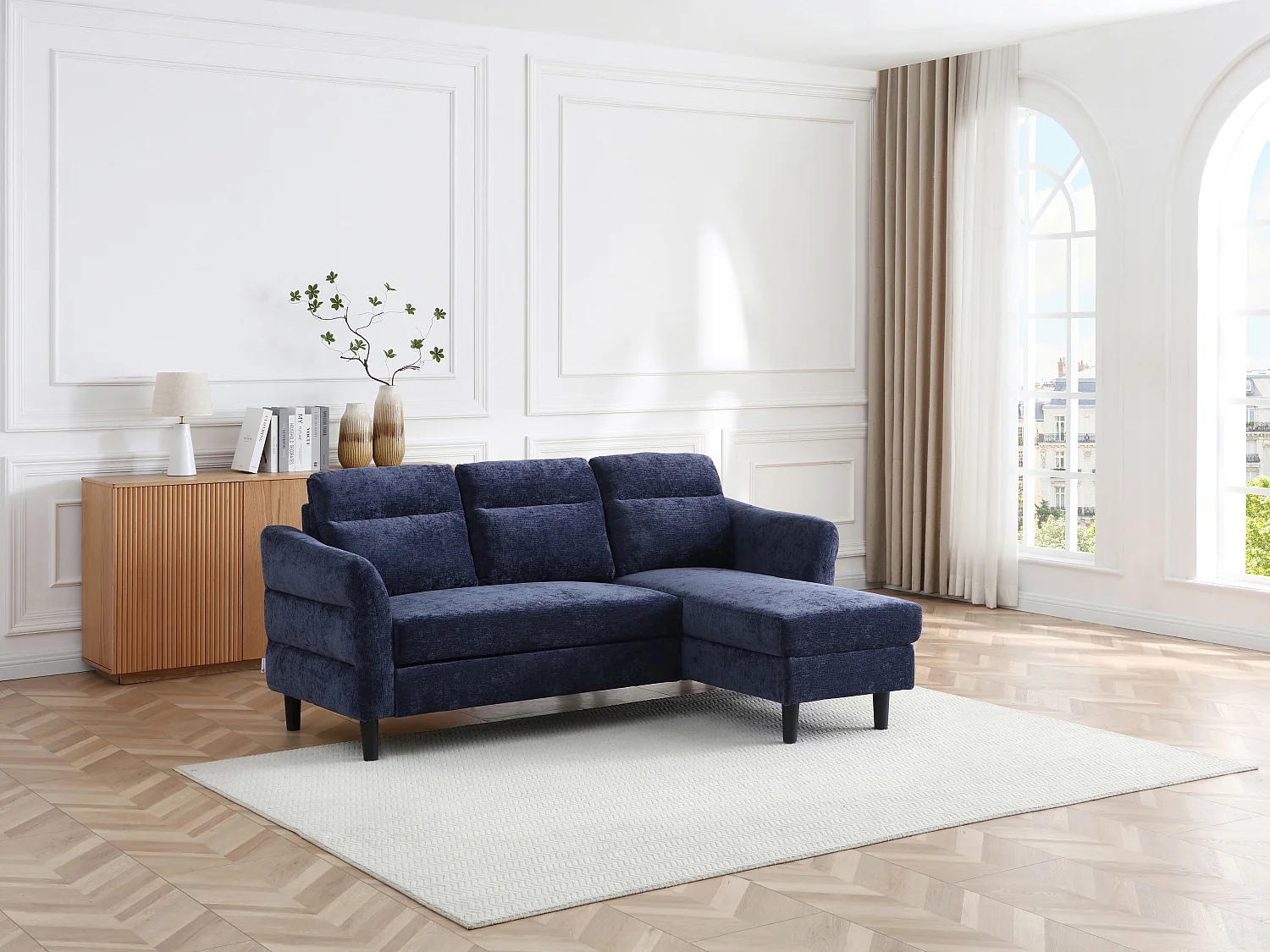 Canapé d'angle convertible et réversible en tissu texturé bleu nuit VANERSI