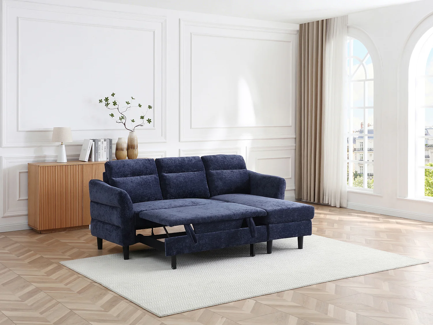Canapé d'angle convertible et réversible en tissu texturé bleu nuit VANERSI