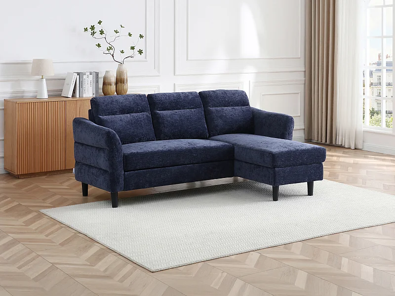 Canapé d'angle convertible et réversible en tissu texturé bleu nuit VANERSI