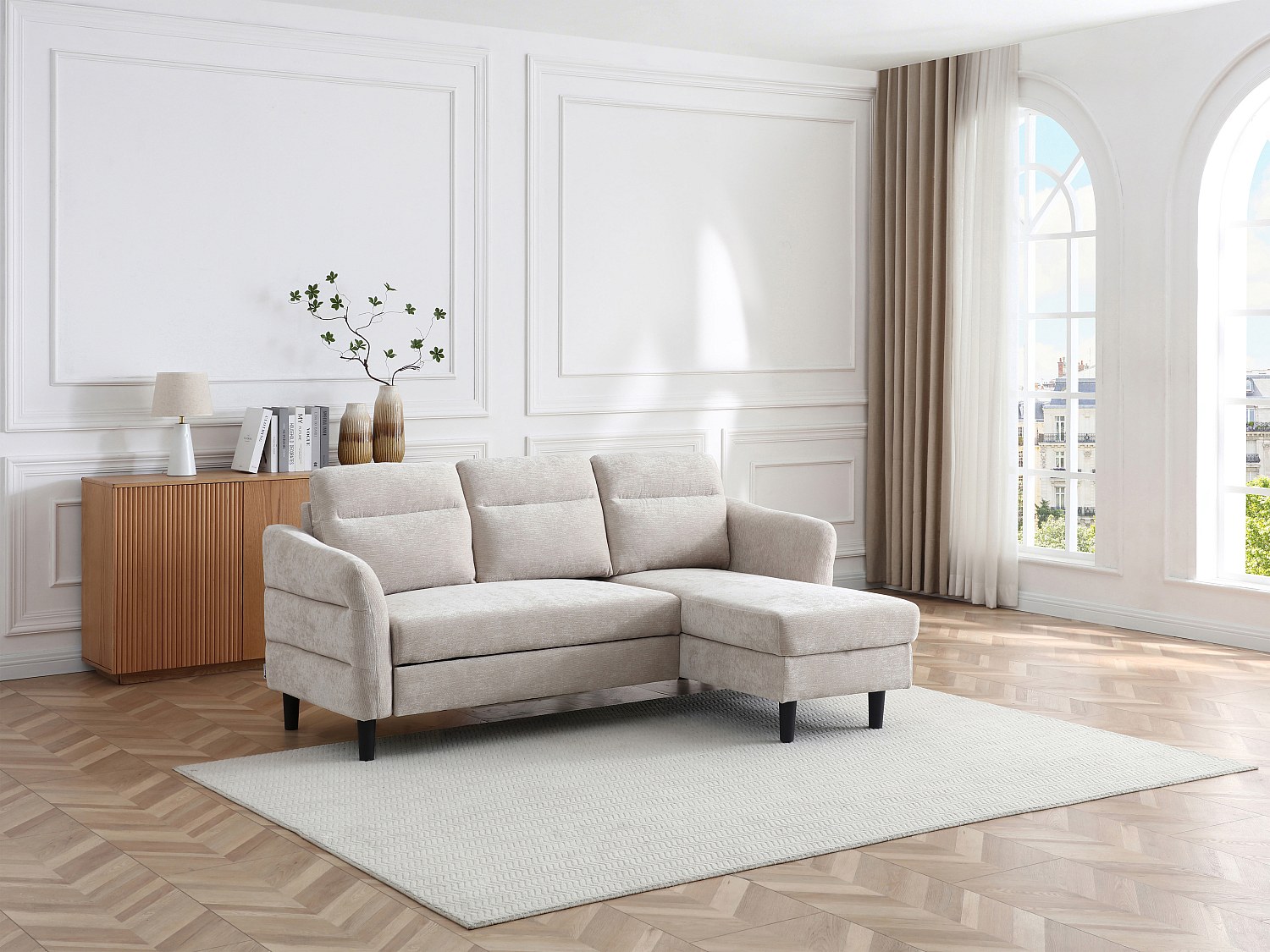 Vente-unique Ecksofa Mit Schlaffunktion, Wandelbar - Strukturstoff - Beige - Vanersi