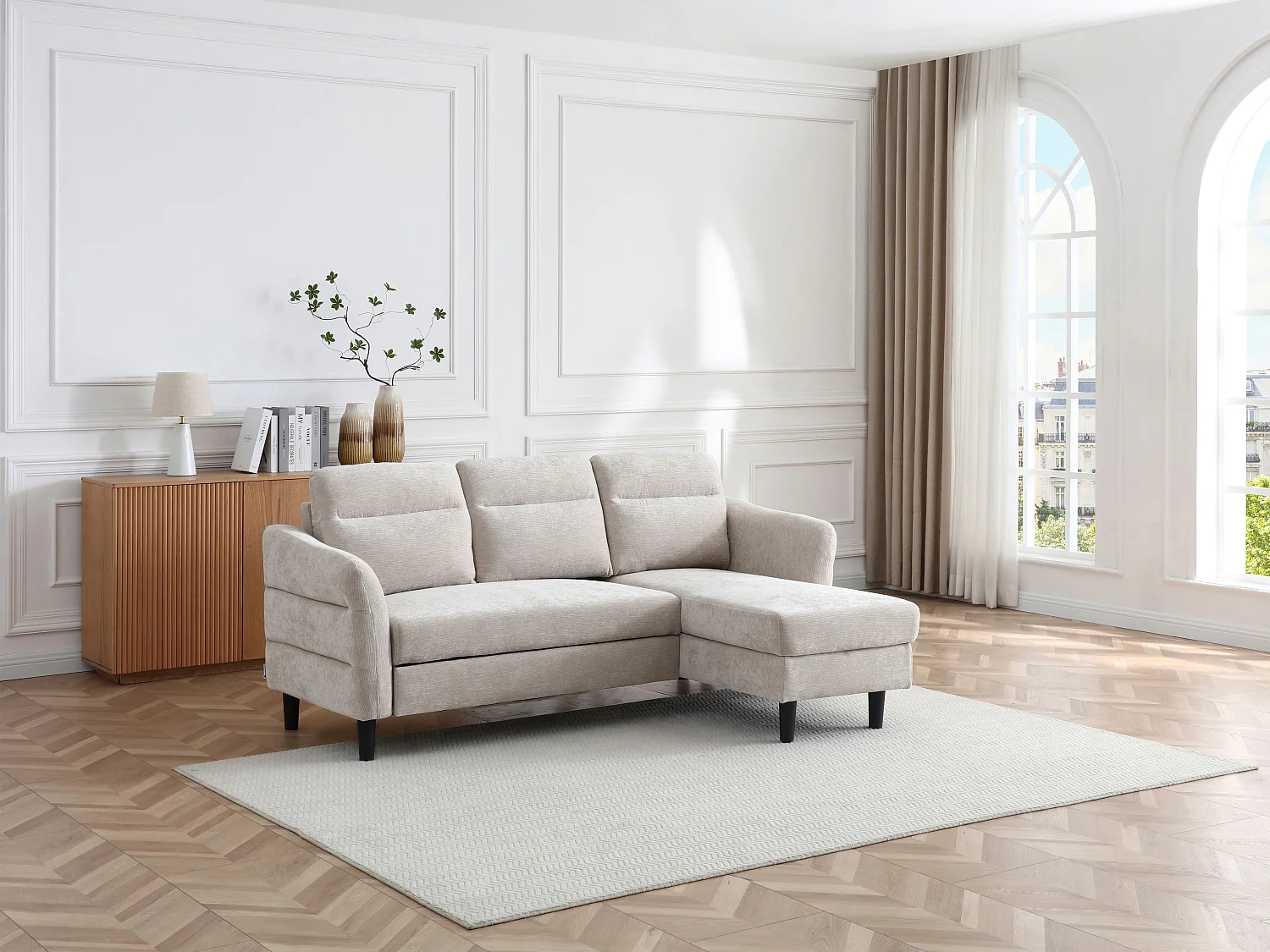 Canapé d'angle convertible et réversible en tissu texturé beige VANERSI