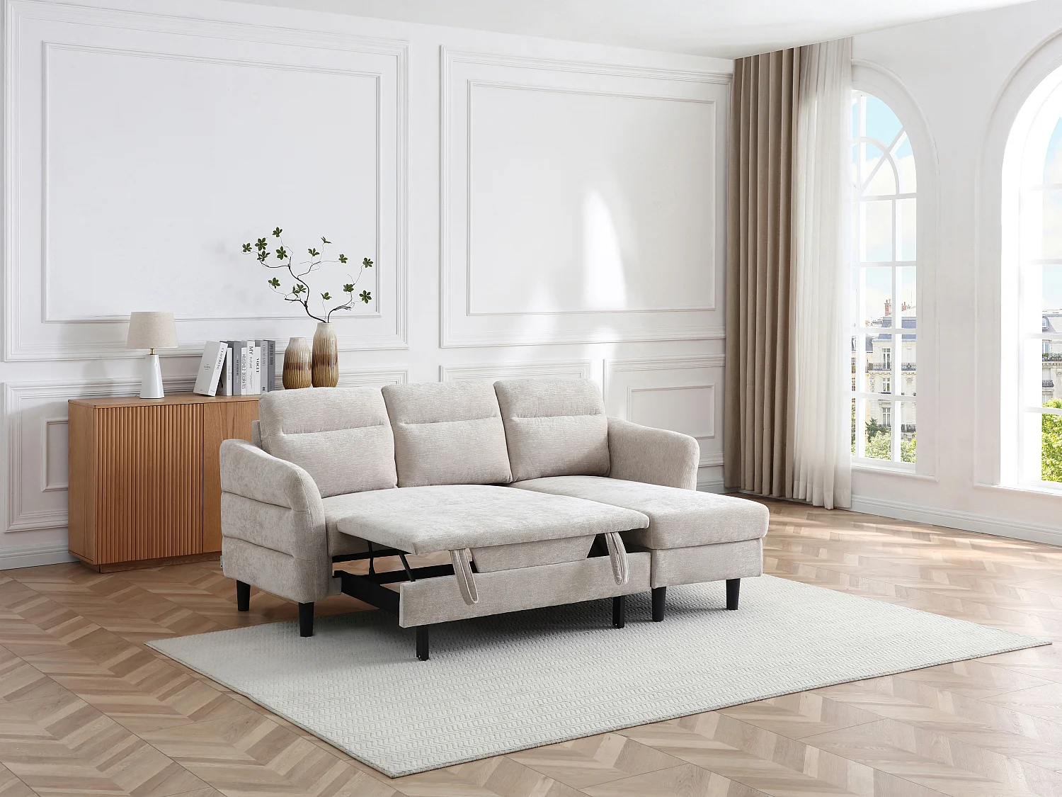 Canapé d'angle convertible et réversible en tissu texturé beige VANERSI