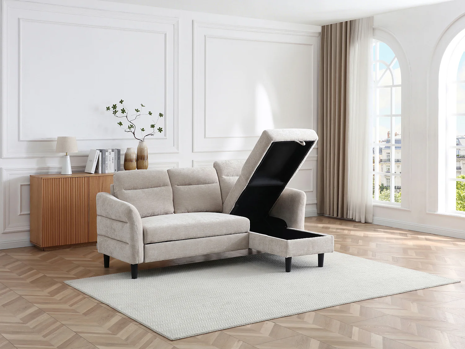 Canapé d'angle convertible et réversible en tissu texturé beige VANERSI