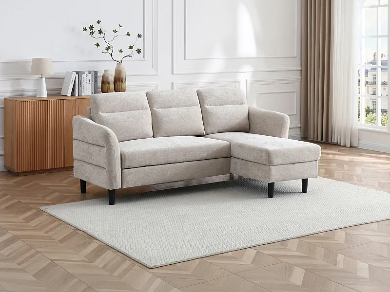 Canapé d'angle convertible et réversible en tissu texturé beige VANERSI
