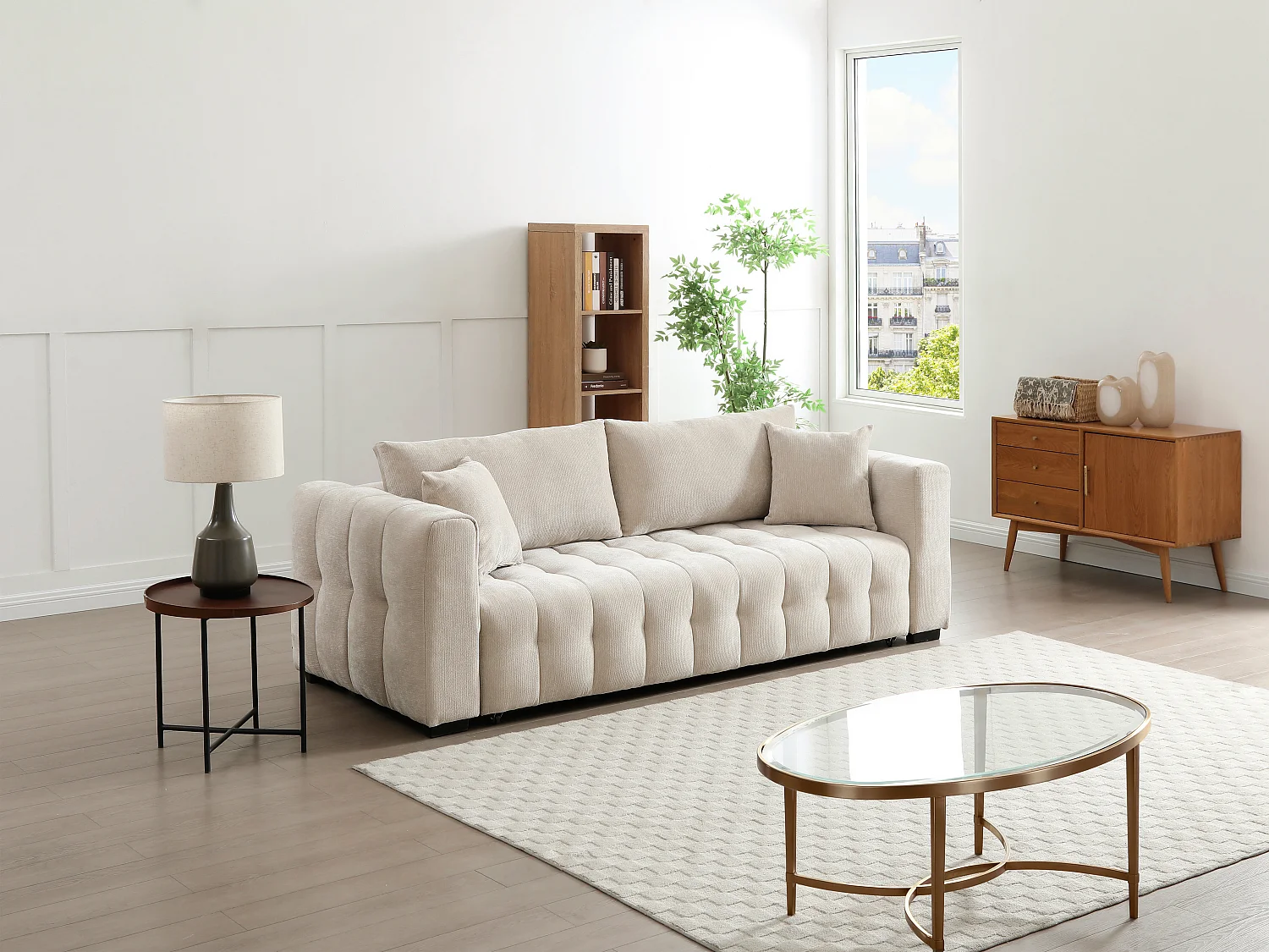 Canapé 3 places convertible en tissu texturé beige PANILO