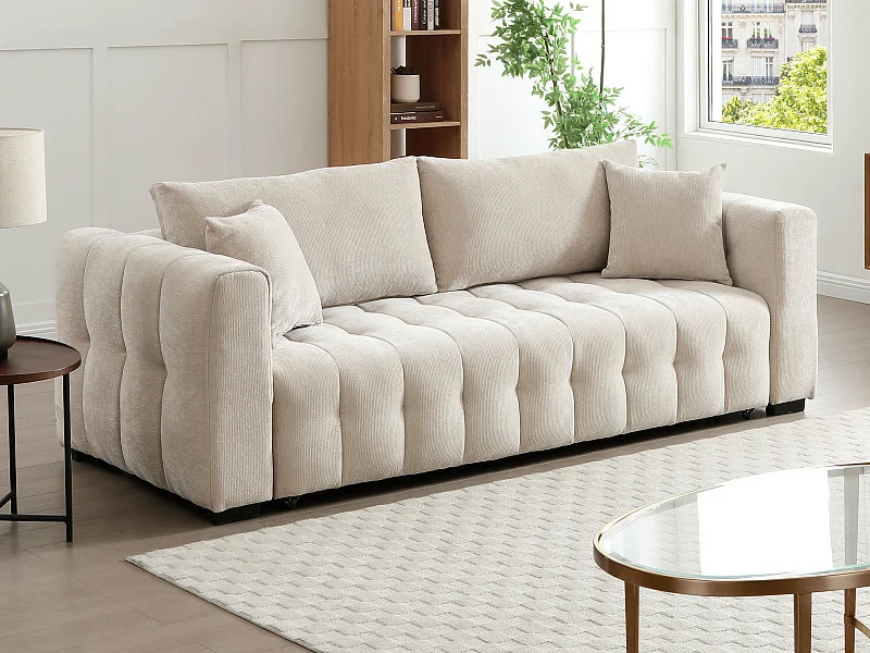 Canapé 3 places convertible en tissu texturé beige PANILO