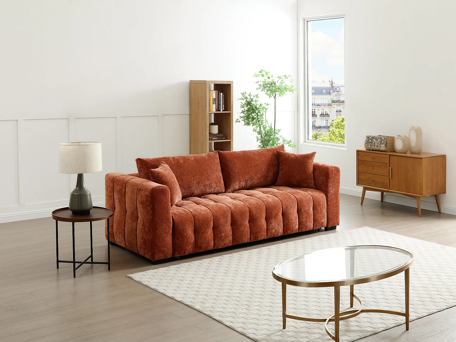 Canapé 3 places convertible en tissu texturé terracotta PANILO