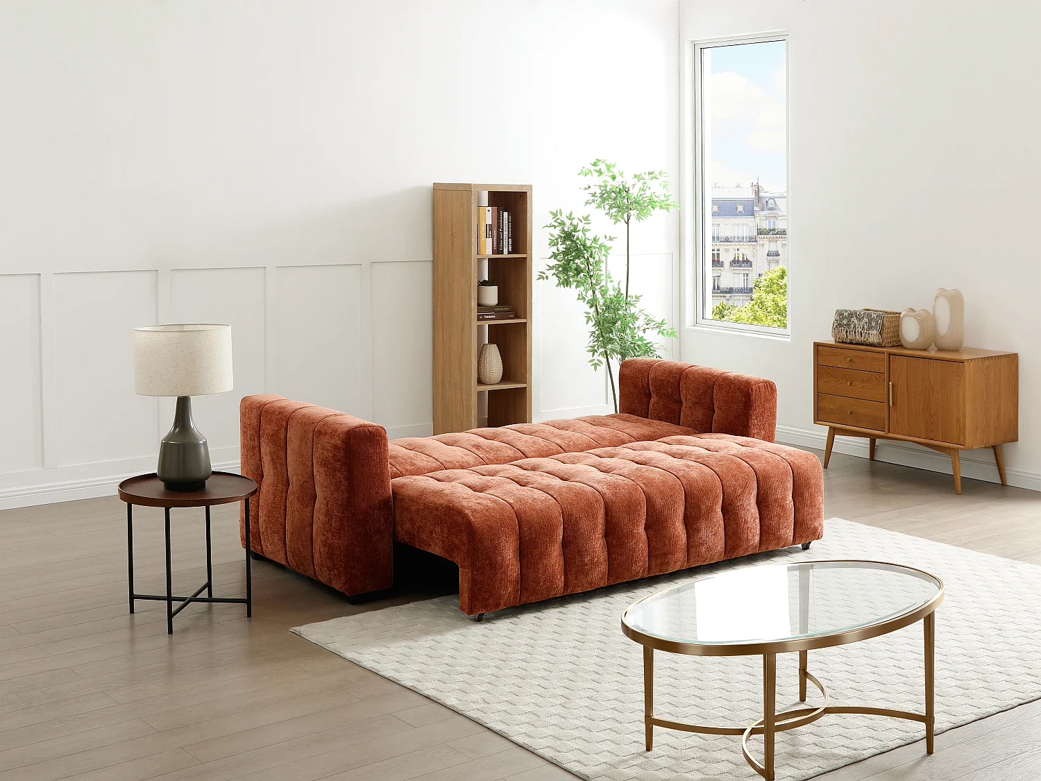 Canapé 3 places convertible en tissu texturé terracotta PANILO