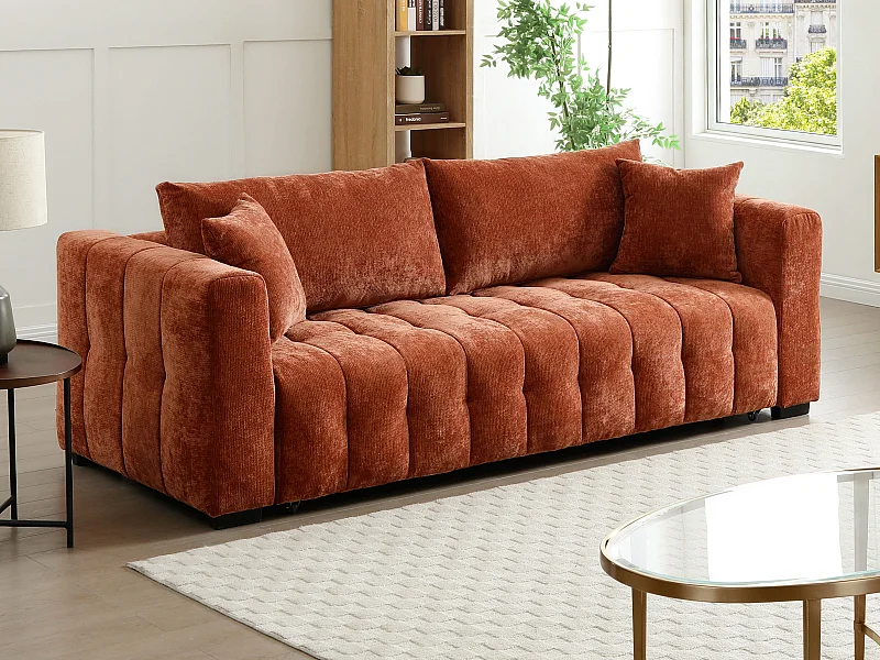 Canapé 3 places convertible en tissu texturé terracotta PANILO