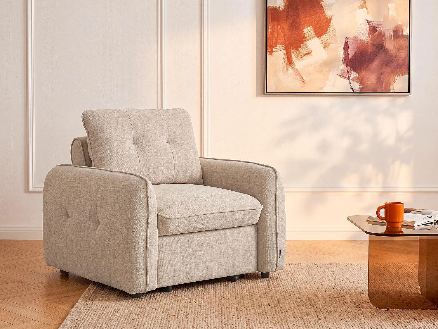 Fauteuil convertible en tissu texturé beige POBAVA