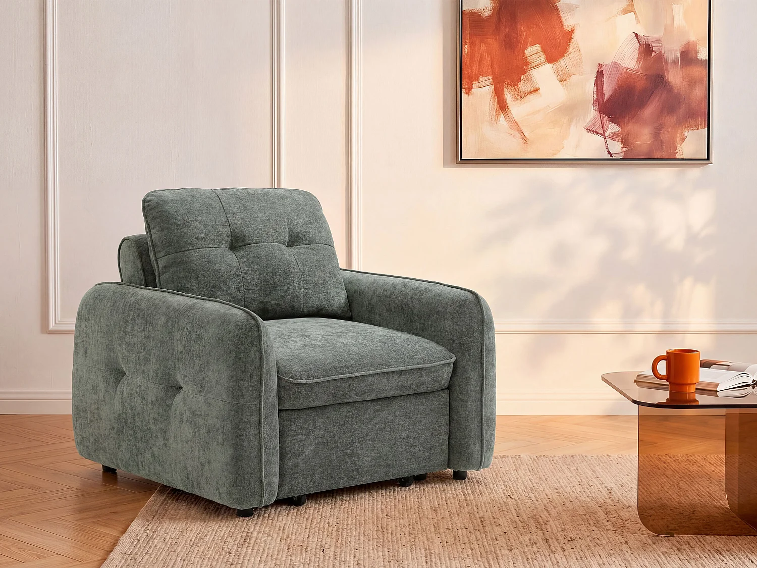 Fauteuil convertible en tissu texturé vert POBAVA
