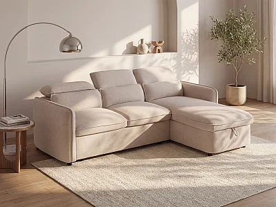 Ecksofa mit Schlaffunktion und wechselbarer Recamiere aus beigem Stoff MANUKO