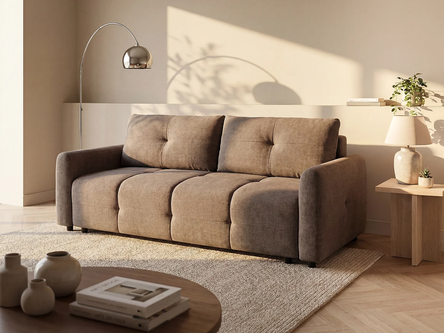 Canapé 3 places convertible en tissu texturé taupe ZAREMI