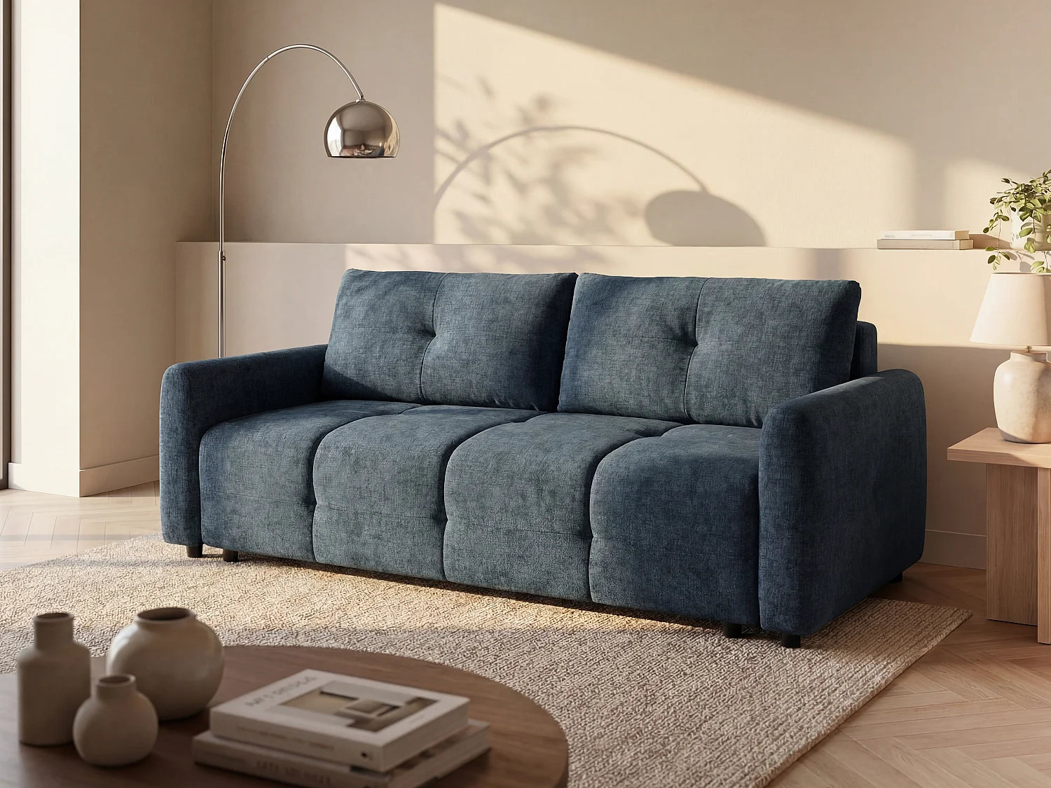 Canapé 3 places convertible en tissu texturé bleu canard ZAREMI