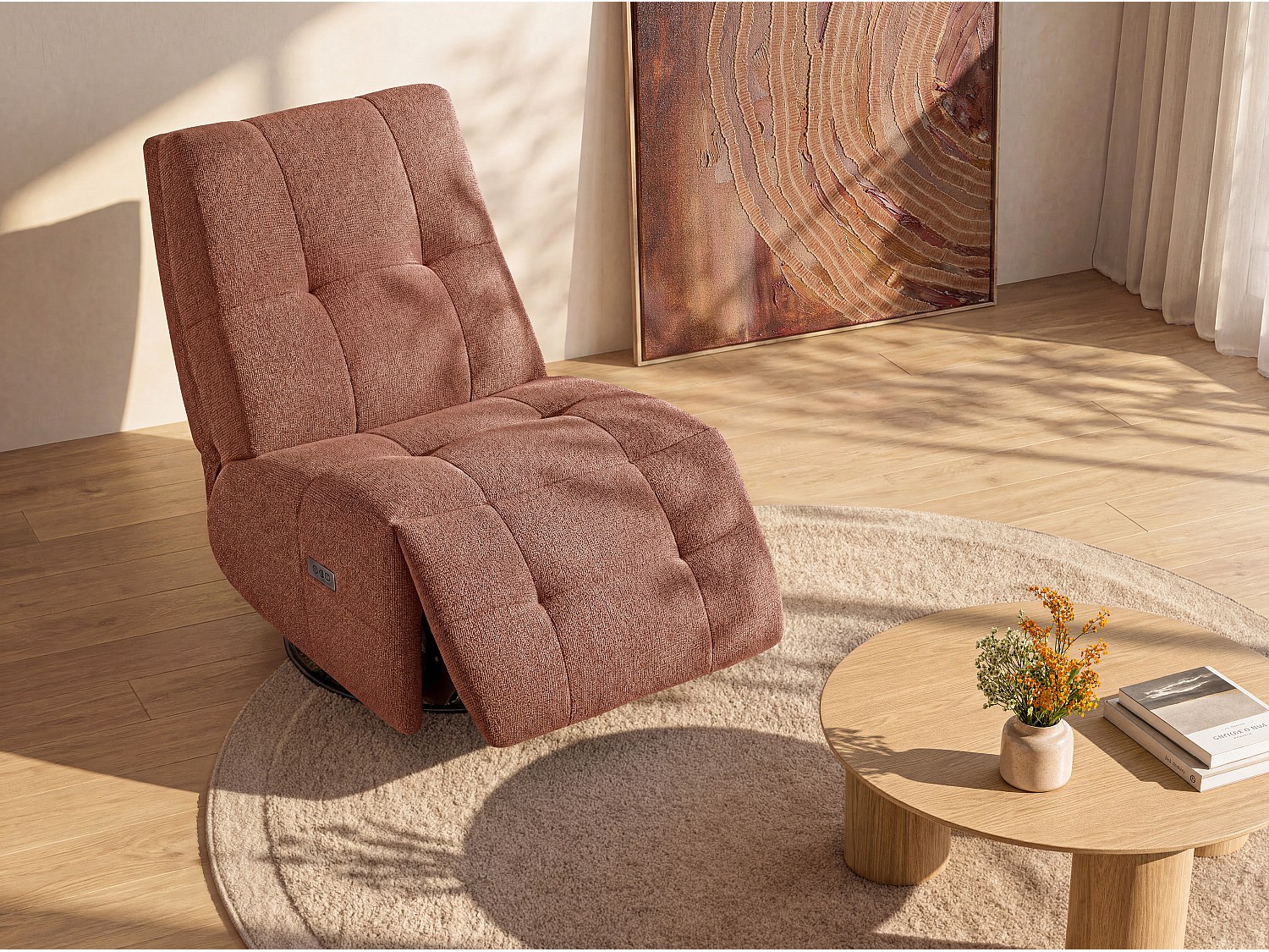 Fauteuil relax pivotant en tissu chenille terracotta COSADO