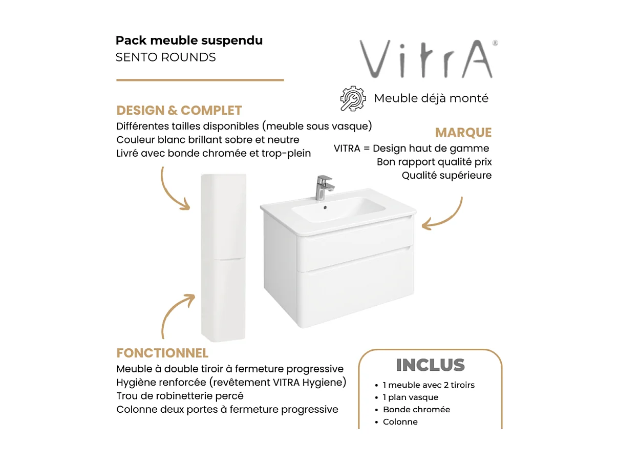 Meuble vasque suspendu VITRA Sento Round 80cm Blanc Brillant + Colonne version droite