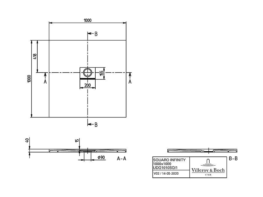 Receveur antidérapant 100 x 100 VILLEROY ET BOCH Squaro Infinity quaryl carré edelweiss