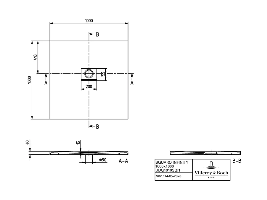 Receveur antidérapant 100 x 100 VILLEROY ET BOCH Squaro Infinity quaryl carré edelweiss