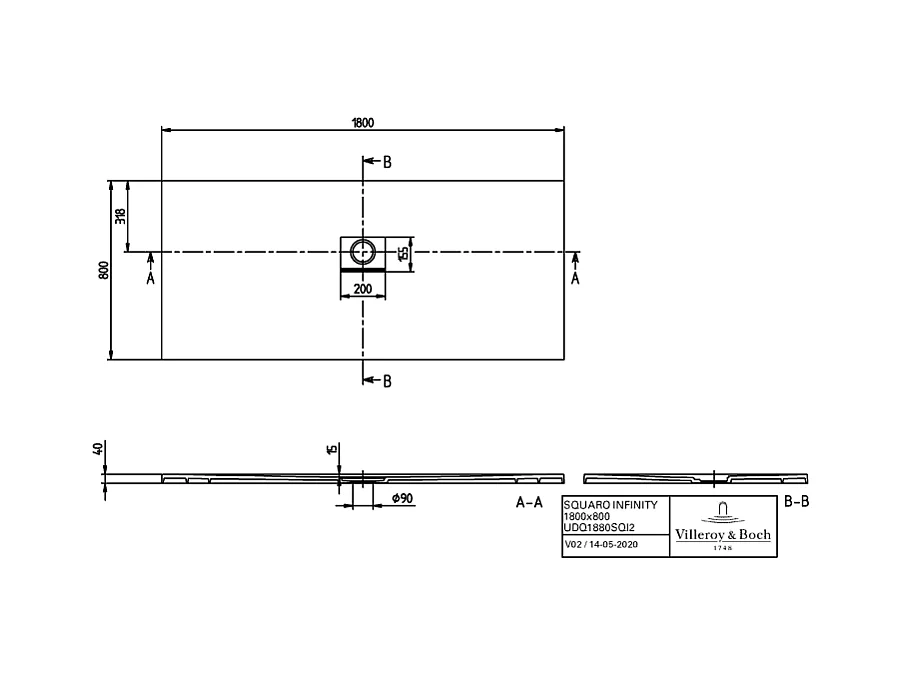 Receveur antidérapant 180 x 80 VILLEROY ET BOCH Squaro Infinity quaryl rectangle gris anthracite