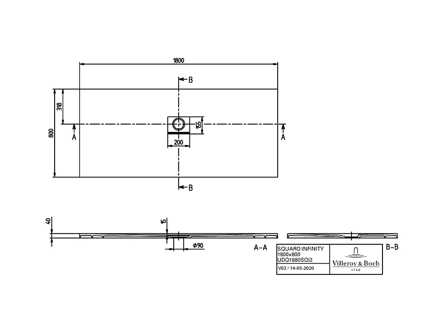 Receveur antidérapant 180 x 80 VILLEROY ET BOCH Squaro Infinity quaryl rectangle gris anthracite